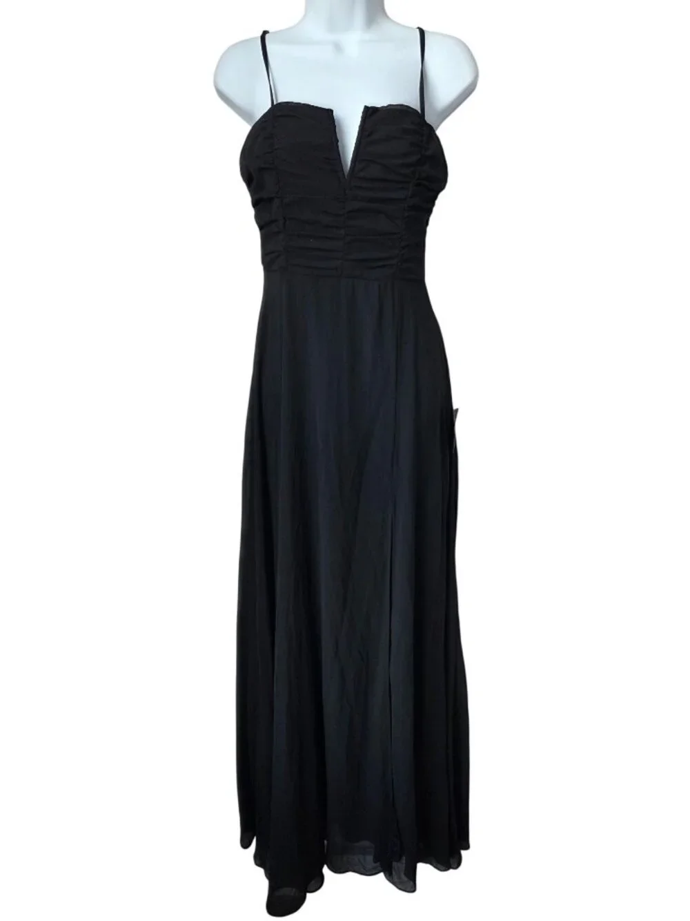Lulus Elegant Black Maxi Dress With Ruched Bodice Spaghetti Straps & High Slit -